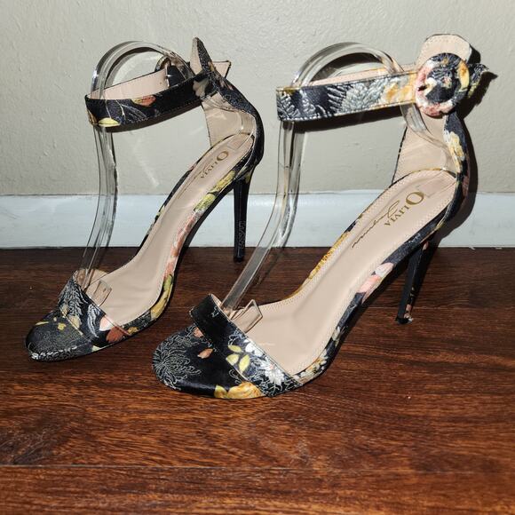 Olivia Ferguson Monica Black Floral Embroidered Satin Ankle Strap Open Toe , 10 - Picture 7 of 10